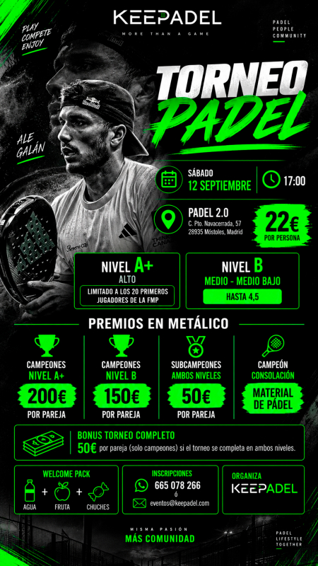 Apúntate a TORNEO KEEPADEL SÁBADO 12 SEPTIEMBRE & PADEL 2.0